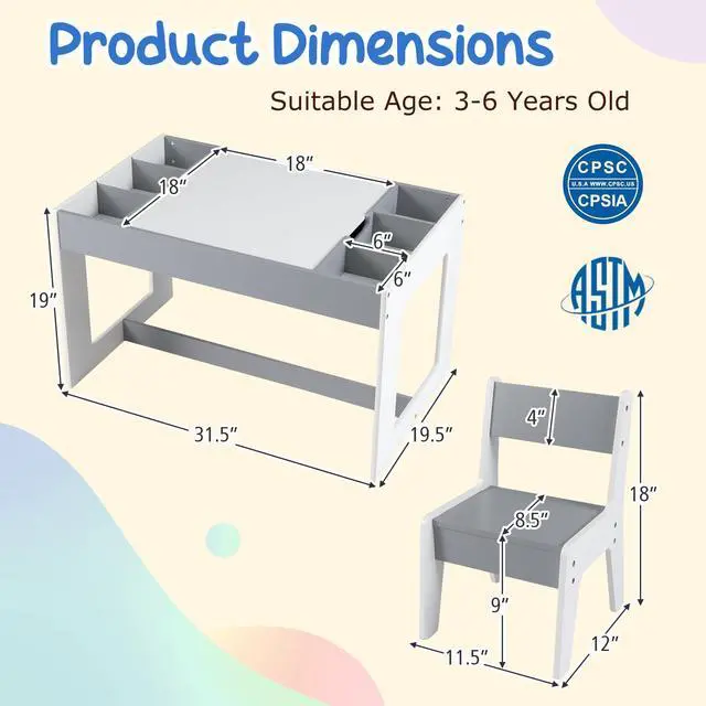 Alt view image 6 of 6 - Table and Chairs for Kids 2-5, 4-1 Wooden Activity Art Desk Set w/Whiteboard, Chalkboard & Storage Cubes for Drawing, Crafting, Playing, Toddler Table and Chair Set (31.5 x 19.5 x 19,Gray)
