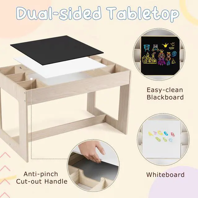 Alt view image 4 of 6 - Table and Chairs for Kids 2-5, 4-1 Wooden Activity Desk Set w/Whiteboard, Chalkboard & Storage Cubes for Drawing, Crafting, Playing, Toddler Table and Chair Set (31.5 x 19.5 x 19,Natural)