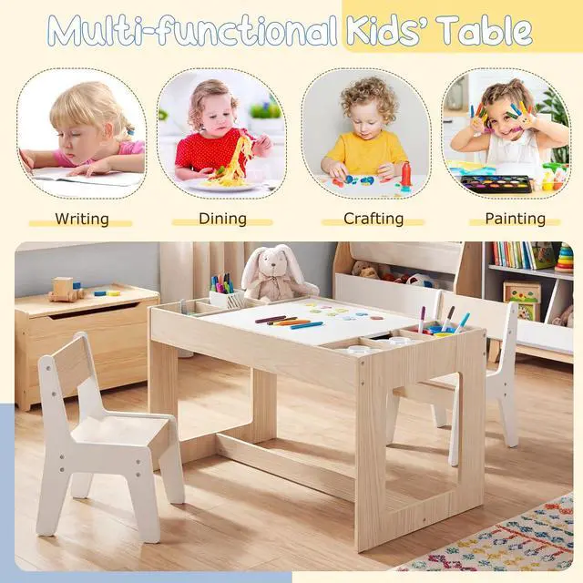 Alt view image 5 of 6 - Table and Chairs for Kids 2-5, 4-1 Wooden Activity Desk Set w/Whiteboard, Chalkboard & Storage Cubes for Drawing, Crafting, Playing, Toddler Table and Chair Set (31.5 x 19.5 x 19,Natural)