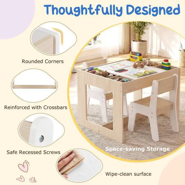Alt view image 6 of 6 - Table and Chairs for Kids 2-5, 4-1 Wooden Activity Desk Set w/Whiteboard, Chalkboard & Storage Cubes for Drawing, Crafting, Playing, Toddler Table and Chair Set (31.5 x 19.5 x 19,Natural)