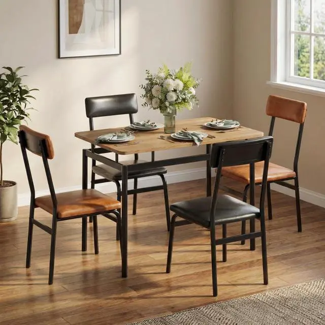Main image of Dining Table Set for 4 Wooden Kitchen Table with 4 PU Upholstered Chairs, Industrial Metal Frame Kitchen & Dining Set for Home, Apartment, Studio, Brown & Black