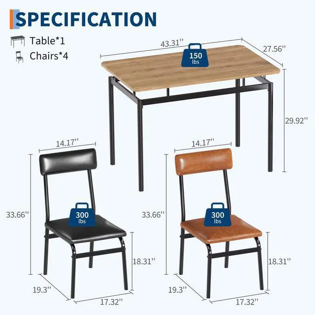 Alt view image 2 of 6 - Dining Table Set for 4 Wooden Kitchen Table with 4 PU Upholstered Chairs, Industrial Metal Frame Kitchen & Dining Set for Home, Apartment, Studio, Brown & Black
