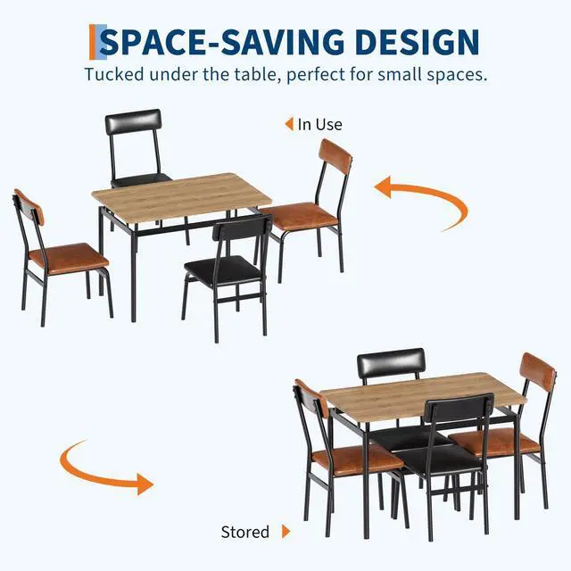 Alt view image 4 of 6 - Dining Table Set for 4 Wooden Kitchen Table with 4 PU Upholstered Chairs, Industrial Metal Frame Kitchen & Dining Set for Home, Apartment, Studio, Brown & Black