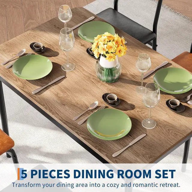 Alt view image 5 of 6 - Dining Table Set for 4 Wooden Kitchen Table with 4 PU Upholstered Chairs, Industrial Metal Frame Kitchen & Dining Set for Home, Apartment, Studio, Brown & Black