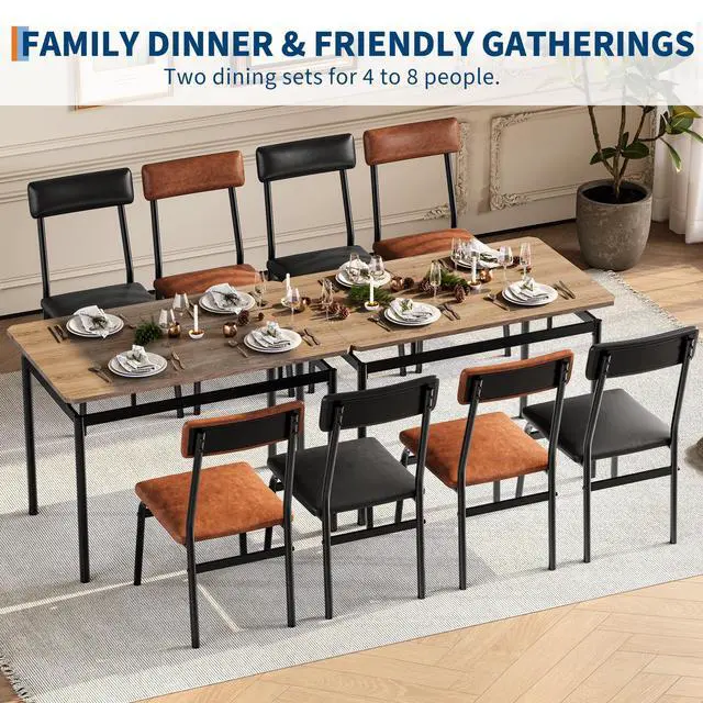 Alt view image 6 of 6 - Dining Table Set for 4 Wooden Kitchen Table with 4 PU Upholstered Chairs, Industrial Metal Frame Kitchen & Dining Set for Home, Apartment, Studio, Brown & Black