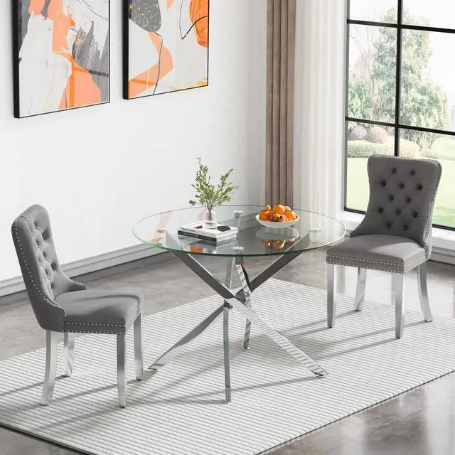 Alt view image 2 of 6 - Round Glass Dining Table Set for 2, Circle Glass Kitchen Table Set Small Dining Room Set with 2 Dining Chairs for Kitchen Dining Room