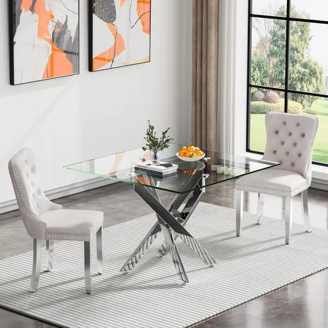 Main image of Square Glass Dining Table Set for 2, Square Glass Kitchen Table Set Small Dining Room Set with 2 Dining Chairs for Kitchen Dining Room