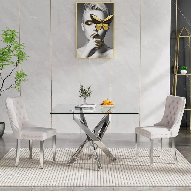 Alt view image 2 of 6 - Square Glass Dining Table Set for 2, Square Glass Kitchen Table Set Small Dining Room Set with 2 Dining Chairs for Kitchen Dining Room