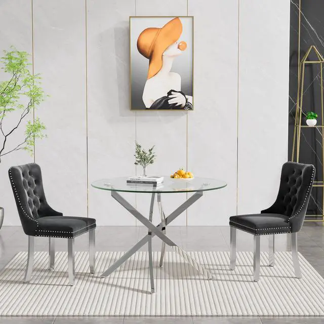 Main image of Round Glass Dining Table Set for 2, Circle Glass Kitchen Table Set Small Dining Room Set with 2 Dining Chairs for Kitchen Dining Room