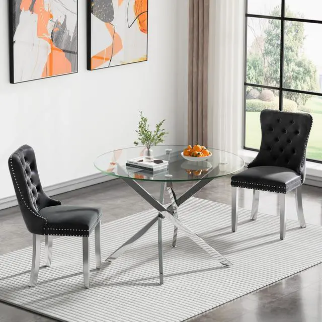 Alt view image 2 of 6 - Round Glass Dining Table Set for 2, Circle Glass Kitchen Table Set Small Dining Room Set with 2 Dining Chairs for Kitchen Dining Room