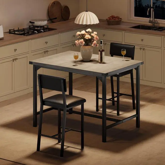 Main image of 3-Piece Dining Table Set with Counter Height High Top Table and 2 Chairs, Dining Table Set for 2 w/Footrest & Backrest, Bar Table Set with Corner Protector for Dining Room,Rustic Gray