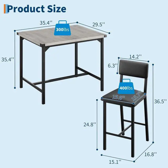 Alt view image 2 of 6 - 3-Piece Dining Table Set with Counter Height High Top Table and 2 Chairs, Dining Table Set for 2 w/Footrest & Backrest, Bar Table Set with Corner Protector for Dining Room,Rustic Gray