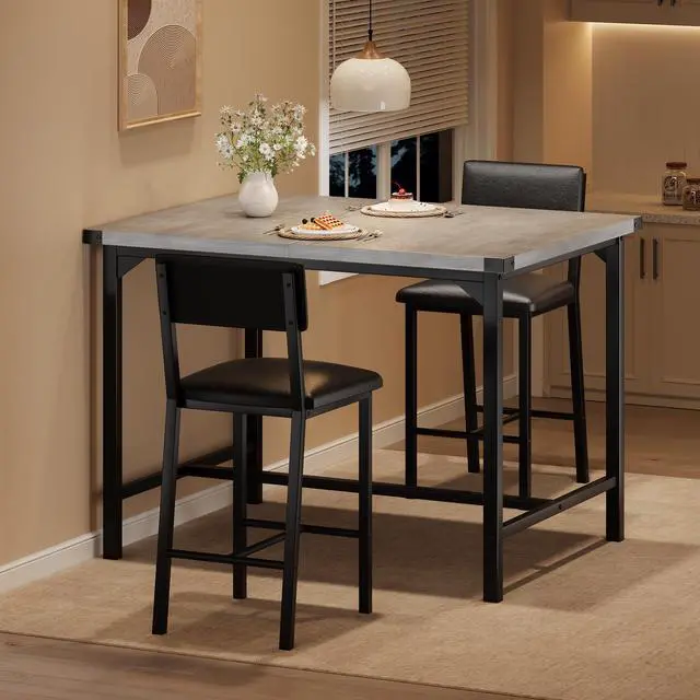 Alt view image 3 of 6 - 3-Piece Dining Table Set with Counter Height High Top Table and 2 Chairs, Dining Table Set for 2 w/Footrest & Backrest, Bar Table Set with Corner Protector for Dining Room,Rustic Gray