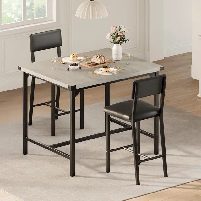 Alt view image 4 of 6 - 3-Piece Dining Table Set with Counter Height High Top Table and 2 Chairs, Dining Table Set for 2 w/Footrest & Backrest, Bar Table Set with Corner Protector for Dining Room,Rustic Gray