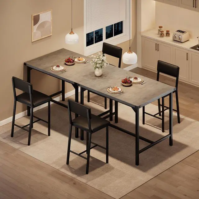 Alt view image 5 of 6 - 3-Piece Dining Table Set with Counter Height High Top Table and 2 Chairs, Dining Table Set for 2 w/Footrest & Backrest, Bar Table Set with Corner Protector for Dining Room,Rustic Gray