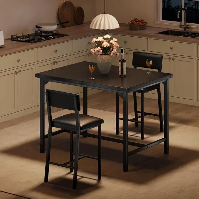 Main image of 3-Piece Dining Table Set with Counter Height High Top Table and 2 Chairs, Dining Table Set for 2 w/Footrest & Backrest, Bar Table Set with Corner Protector for Dining Room,Rustic Black