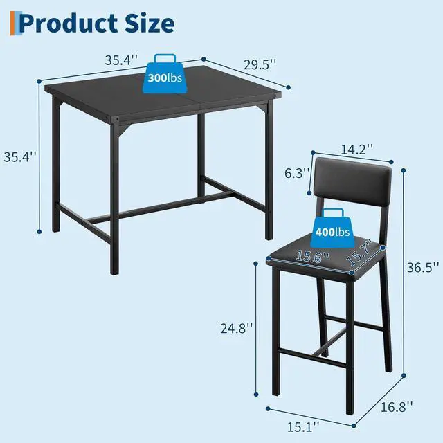 Alt view image 2 of 6 - 3-Piece Dining Table Set with Counter Height High Top Table and 2 Chairs, Dining Table Set for 2 w/Footrest & Backrest, Bar Table Set with Corner Protector for Dining Room,Rustic Black
