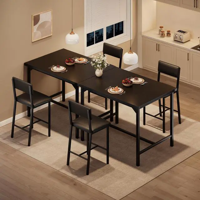 Alt view image 3 of 6 - 3-Piece Dining Table Set with Counter Height High Top Table and 2 Chairs, Dining Table Set for 2 w/Footrest & Backrest, Bar Table Set with Corner Protector for Dining Room,Rustic Black
