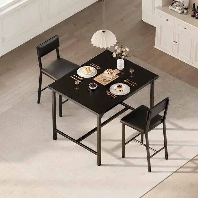 Alt view image 4 of 6 - 3-Piece Dining Table Set with Counter Height High Top Table and 2 Chairs, Dining Table Set for 2 w/Footrest & Backrest, Bar Table Set with Corner Protector for Dining Room,Rustic Black