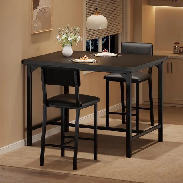 Alt view image 5 of 6 - 3-Piece Dining Table Set with Counter Height High Top Table and 2 Chairs, Dining Table Set for 2 w/Footrest & Backrest, Bar Table Set with Corner Protector for Dining Room,Rustic Black