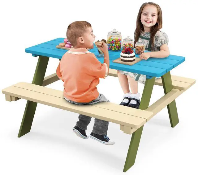 Main image of Kids Picnic Table, Acacia Wood Kids Outdoor Table with Benches, Toddler Patio Furniture Set for Backyard, Garden, Lawn, Gift for Boys Girls 3+ (Green)