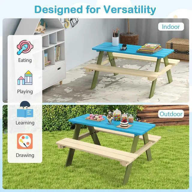 Alt view image 2 of 6 - Kids Picnic Table, Acacia Wood Kids Outdoor Table with Benches, Toddler Patio Furniture Set for Backyard, Garden, Lawn, Gift for Boys Girls 3+ (Green)