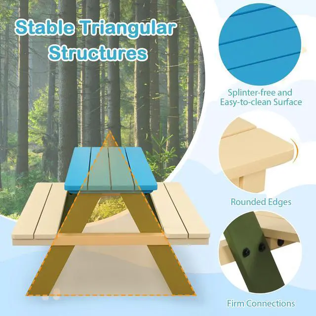 Alt view image 3 of 6 - Kids Picnic Table, Acacia Wood Kids Outdoor Table with Benches, Toddler Patio Furniture Set for Backyard, Garden, Lawn, Gift for Boys Girls 3+ (Green)