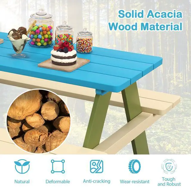 Alt view image 4 of 6 - Kids Picnic Table, Acacia Wood Kids Outdoor Table with Benches, Toddler Patio Furniture Set for Backyard, Garden, Lawn, Gift for Boys Girls 3+ (Green)