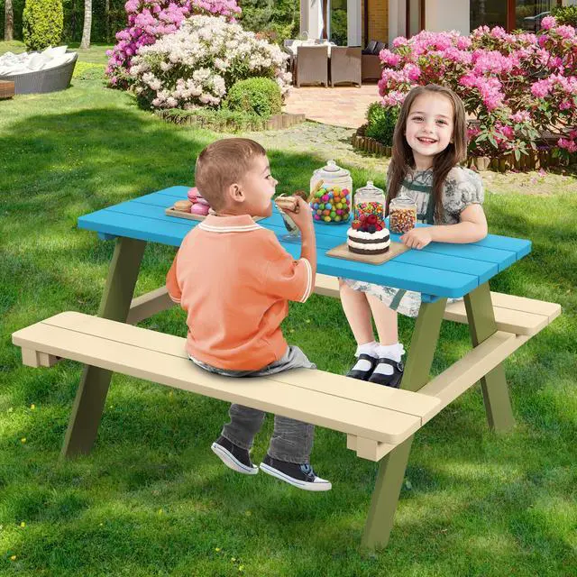 Alt view image 5 of 6 - Kids Picnic Table, Acacia Wood Kids Outdoor Table with Benches, Toddler Patio Furniture Set for Backyard, Garden, Lawn, Gift for Boys Girls 3+ (Green)