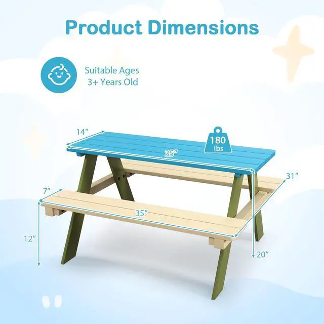 Alt view image 6 of 6 - Kids Picnic Table, Acacia Wood Kids Outdoor Table with Benches, Toddler Patio Furniture Set for Backyard, Garden, Lawn, Gift for Boys Girls 3+ (Green)