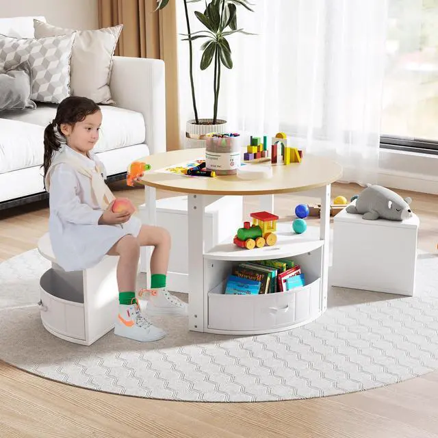 Alt view image 2 of 6 - Kids Table and Chair Set, Children Activity Play Table with 4 Storage Stools for Art Craft, Nesting Design Toddler Table and Chair Set for Playroom, Daycare, Gift for Boys Girls (Natural)