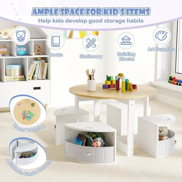 Alt view image 3 of 6 - Kids Table and Chair Set, Children Activity Play Table with 4 Storage Stools for Art Craft, Nesting Design Toddler Table and Chair Set for Playroom, Daycare, Gift for Boys Girls (Natural)