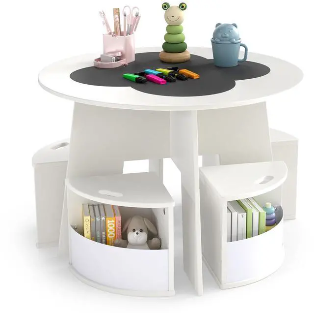 Main image of White Kids Table and Chair Set, Children Activity Play Table with 4 Storage Stools for Art Craft, Nesting Design Toddler Table and Chair Set for Playroom, Daycare, Gift for Boys Girls