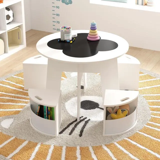 Alt view image 2 of 6 - White Kids Table and Chair Set, Children Activity Play Table with 4 Storage Stools for Art Craft, Nesting Design Toddler Table and Chair Set for Playroom, Daycare, Gift for Boys Girls