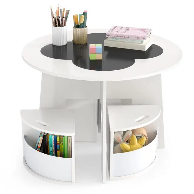 Alt view image 3 of 6 - White Kids Table and Chair Set, Children Activity Play Table with 4 Storage Stools for Art Craft, Nesting Design Toddler Table and Chair Set for Playroom, Daycare, Gift for Boys Girls
