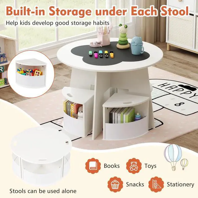 Alt view image 5 of 6 - White Kids Table and Chair Set, Children Activity Play Table with 4 Storage Stools for Art Craft, Nesting Design Toddler Table and Chair Set for Playroom, Daycare, Gift for Boys Girls