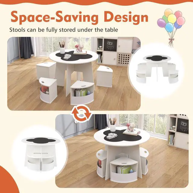 Alt view image 6 of 6 - White Kids Table and Chair Set, Children Activity Play Table with 4 Storage Stools for Art Craft, Nesting Design Toddler Table and Chair Set for Playroom, Daycare, Gift for Boys Girls