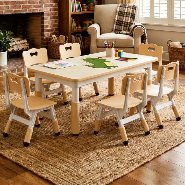 Main image of Kids Table and 6 Chairs Set, Height Adjustable Toddler Table and Chair Set, Graffiti Desktop, Children Study Table for 6 for Home Daycare Preschool for Ages 2-10, Wood Color