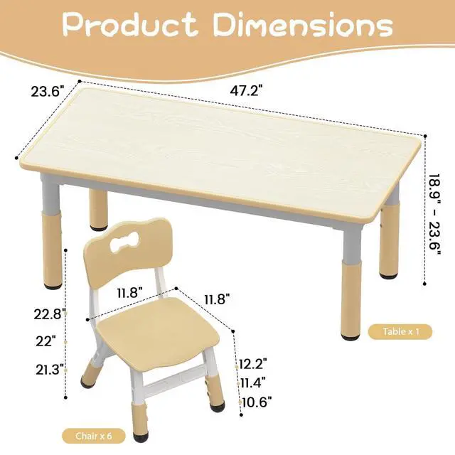 Alt view image 2 of 6 - Kids Table and 6 Chairs Set, Height Adjustable Toddler Table and Chair Set, Graffiti Desktop, Children Study Table for 6 for Home Daycare Preschool for Ages 2-10, Wood Color