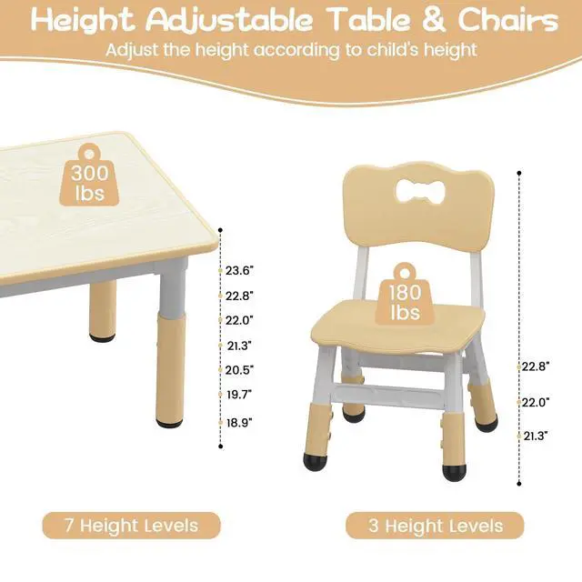 Alt view image 3 of 6 - Kids Table and 6 Chairs Set, Height Adjustable Toddler Table and Chair Set, Graffiti Desktop, Children Study Table for 6 for Home Daycare Preschool for Ages 2-10, Wood Color