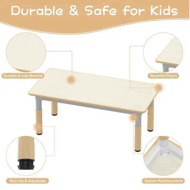 Alt view image 5 of 6 - Kids Table and 6 Chairs Set, Height Adjustable Toddler Table and Chair Set, Graffiti Desktop, Children Study Table for 6 for Home Daycare Preschool for Ages 2-10, Wood Color