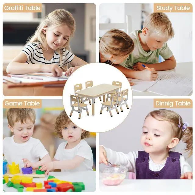 Alt view image 6 of 6 - Kids Table and 6 Chairs Set, Height Adjustable Toddler Table and Chair Set, Graffiti Desktop, Children Study Table for 6 for Home Daycare Preschool for Ages 2-10, Wood Color
