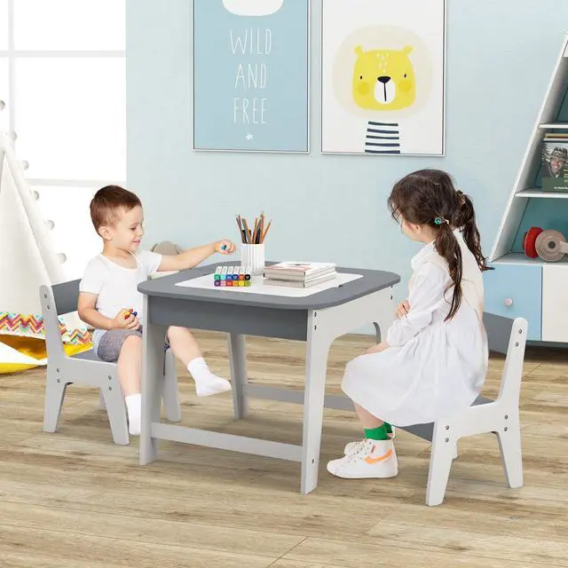 Alt view image 2 of 6 - Kids Table and Chair Set, 3-in-1 Wooden Activity Table with Removable Tabletop, Blackboard & Whiteboard, Storage Space for Arts Crafts Nursery Preschool, Toddler Table and Chairs (Gray)
