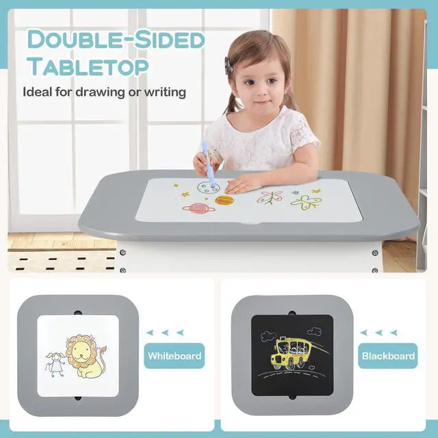 Alt view image 3 of 6 - Kids Table and Chair Set, 3-in-1 Wooden Activity Table with Removable Tabletop, Blackboard & Whiteboard, Storage Space for Arts Crafts Nursery Preschool, Toddler Table and Chairs (Gray)
