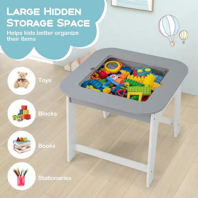 Alt view image 4 of 6 - Kids Table and Chair Set, 3-in-1 Wooden Activity Table with Removable Tabletop, Blackboard & Whiteboard, Storage Space for Arts Crafts Nursery Preschool, Toddler Table and Chairs (Gray)