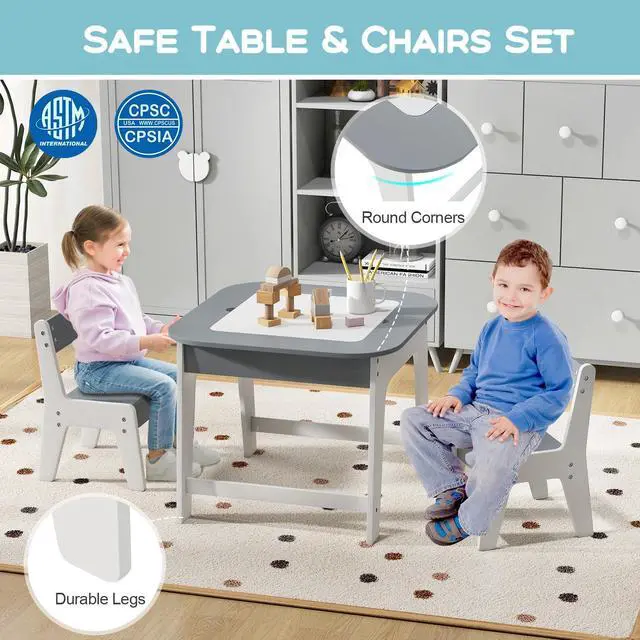 Alt view image 5 of 6 - Kids Table and Chair Set, 3-in-1 Wooden Activity Table with Removable Tabletop, Blackboard & Whiteboard, Storage Space for Arts Crafts Nursery Preschool, Toddler Table and Chairs (Gray)