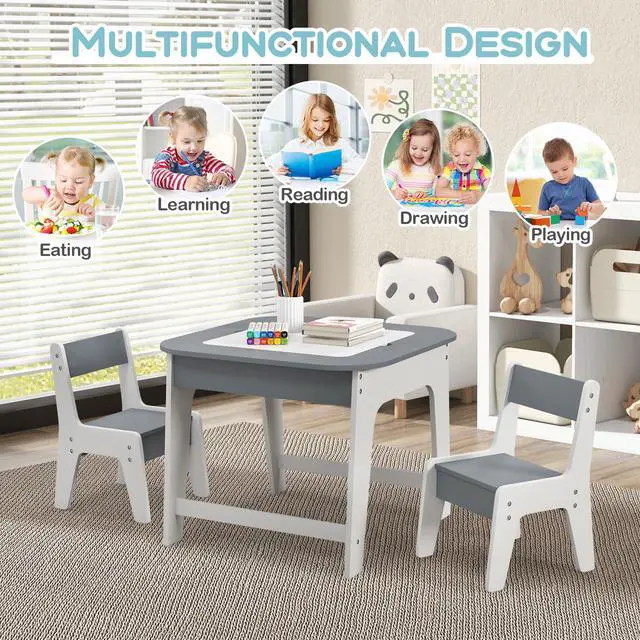 Alt view image 6 of 6 - Kids Table and Chair Set, 3-in-1 Wooden Activity Table with Removable Tabletop, Blackboard & Whiteboard, Storage Space for Arts Crafts Nursery Preschool, Toddler Table and Chairs (Gray)