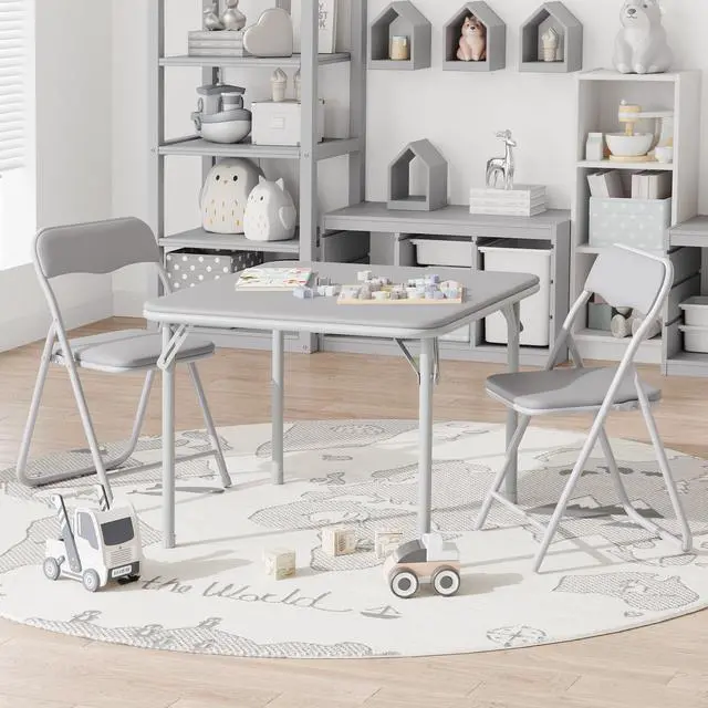 Main image of Boys and Girls Folding Table and Chairs Set of 3, Portable Table and Chair with PU Soft Cushion, Suitable for Eating, Reading and Playing-Grey