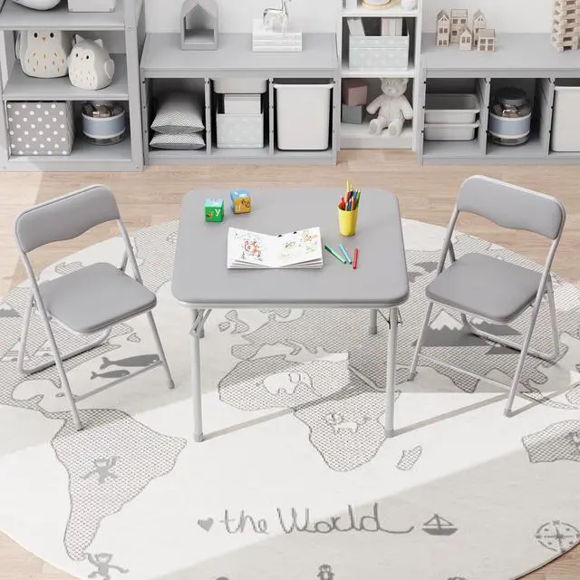 Alt view image 2 of 6 - Boys and Girls Folding Table and Chairs Set of 3, Portable Table and Chair with PU Soft Cushion, Suitable for Eating, Reading and Playing-Grey