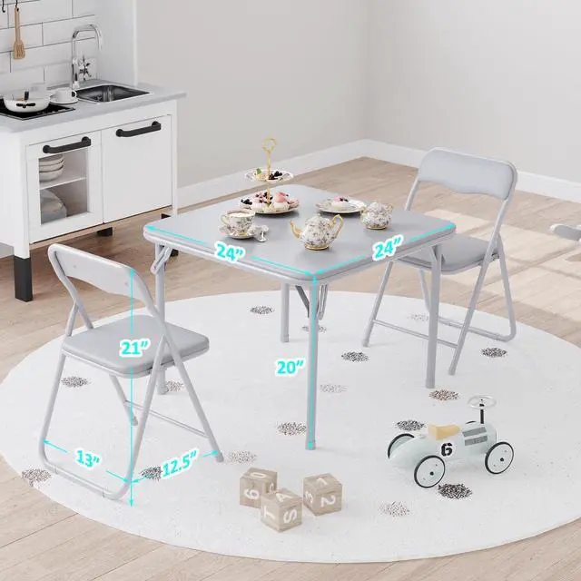 Alt view image 4 of 6 - Boys and Girls Folding Table and Chairs Set of 3, Portable Table and Chair with PU Soft Cushion, Suitable for Eating, Reading and Playing-Grey